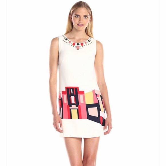 Vince Camuto Printed Shift Dress Embellished Neck - Picture 2 of 8